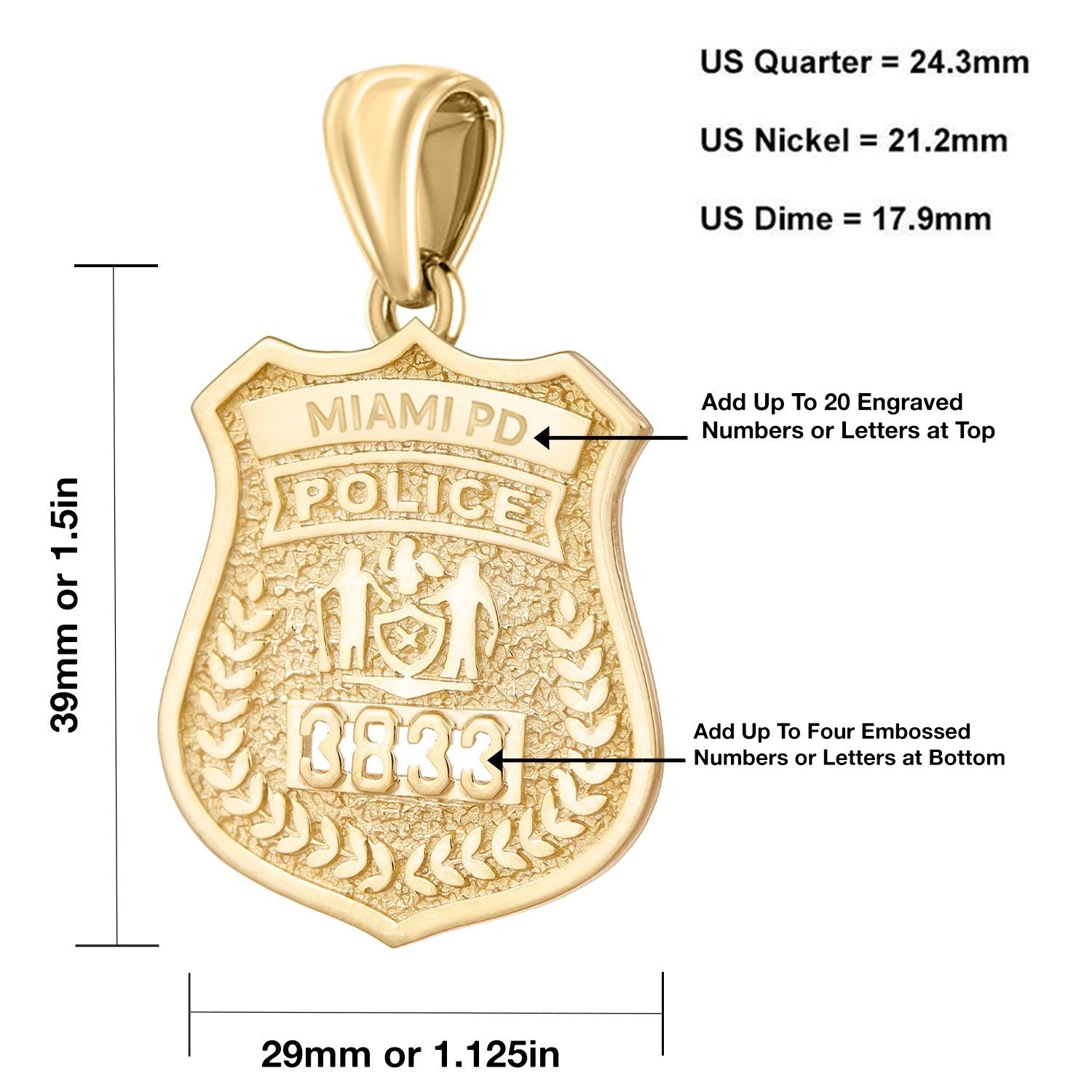 Men's 14K Yellow Gold Customizable Police Badge Pendant Necklace, 39mm - US Jewels