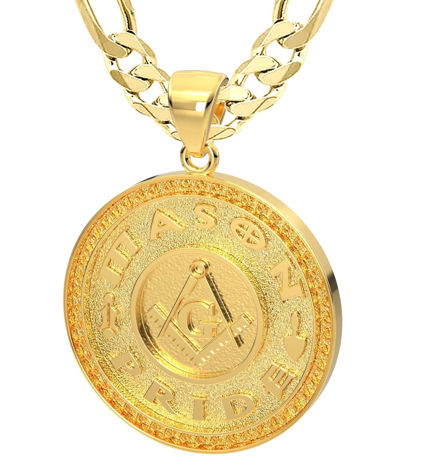 Men's 14k Yellow Gold Masonic Master Mason Solid Pendant Necklace, 33mm - US Jewels