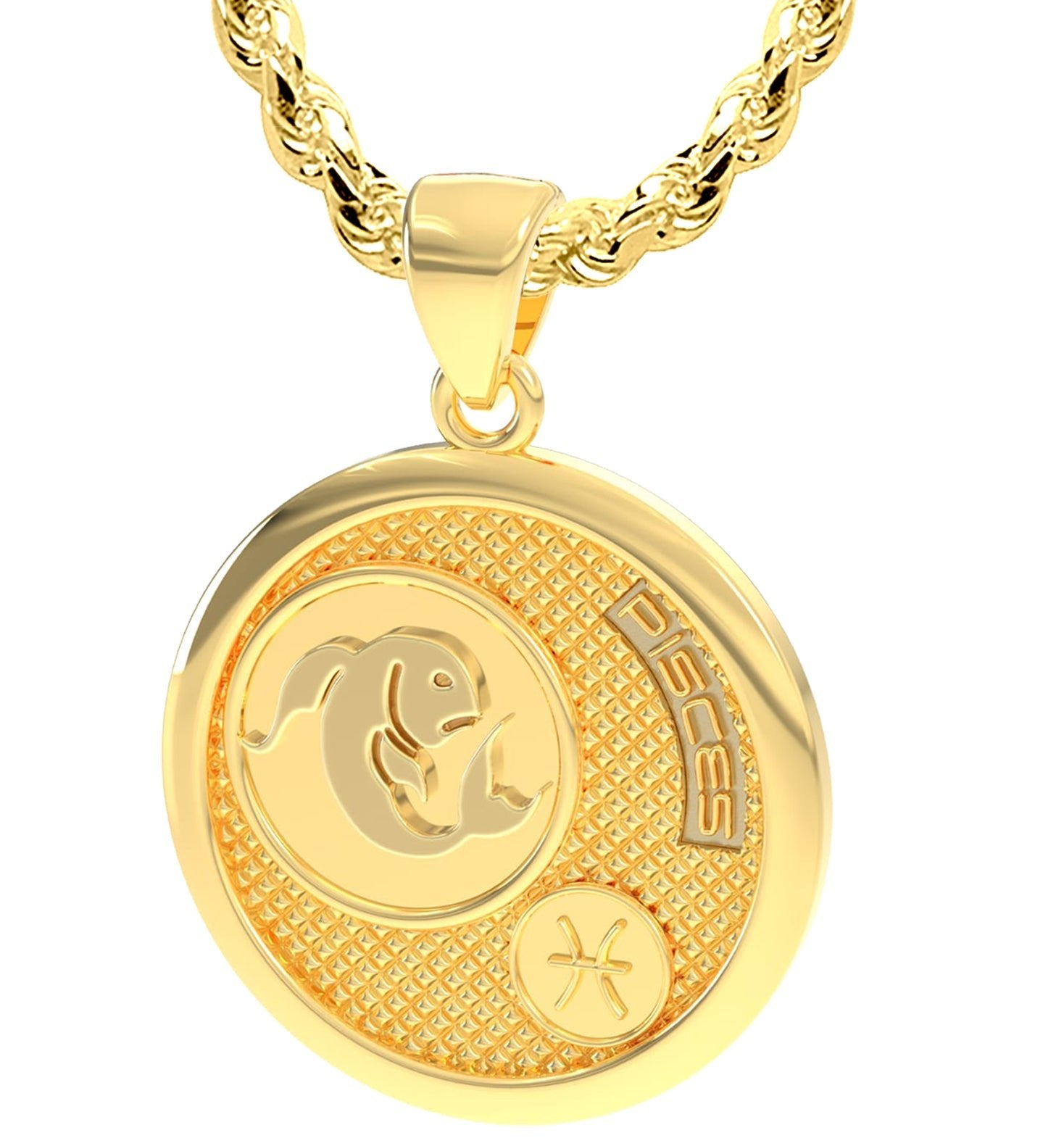 Men's 14k Yellow Gold Pisces the Fish Zodiac Pendant Necklace, 33mm - 22in  4.8mm Rope Chain