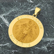 Men's 14k Yellow Gold Round St Saint Florian Fireman Hollow Medal Pendant Necklace, 25mm - US Jewels
