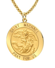 Men's 14k Yellow Gold Round St Saint Michael Solid Medal Pendant Necklace, 25mm - US Jewels