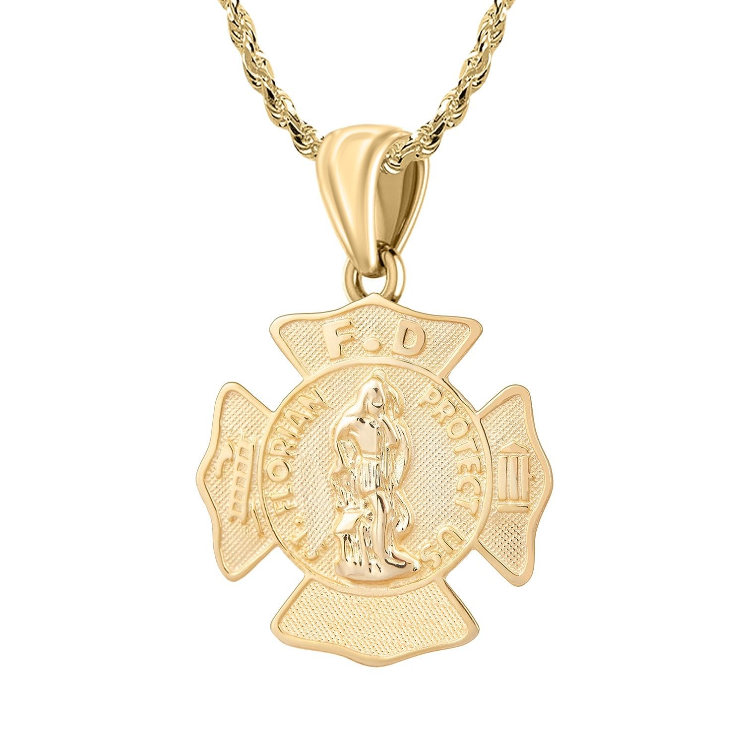 Men's 14K Yellow Gold Saint Florian Customizable Firefighter Pendant  Necklace, 30mm - 18in, 2mm Rope Chain