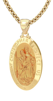 Men's 14k Yellow Gold St Christopher Oval Polished Hollow Pendant Necklace, 28mm - US Jewels