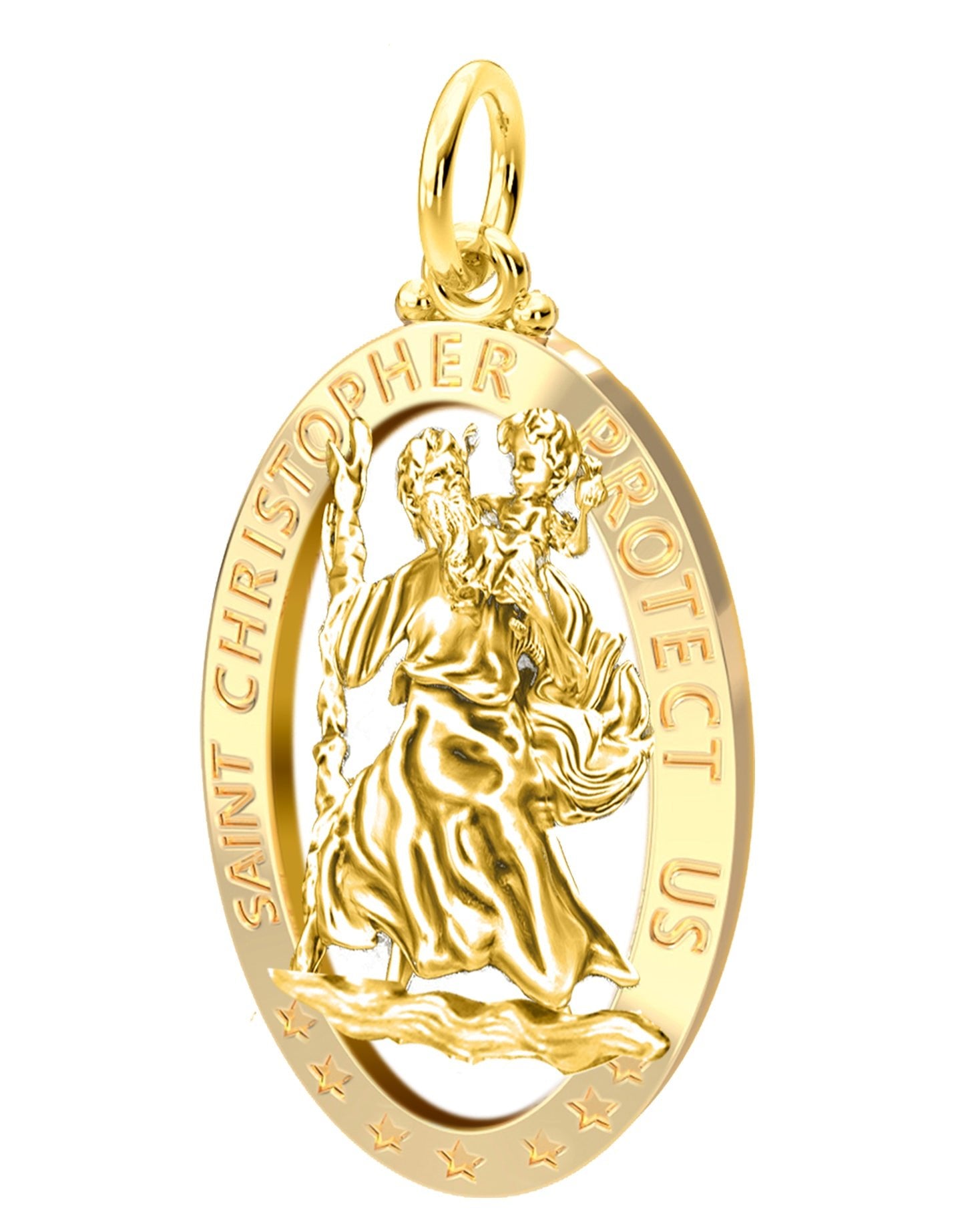 Men's 14k Yellow Gold St Christopher Oval Polished Pierced Pendant  Necklace, 32mm