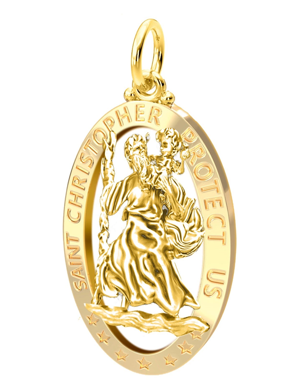 Men's 14k Yellow Gold St Christopher Oval Polished Pierced Pendant Necklace, 32mm - US Jewels