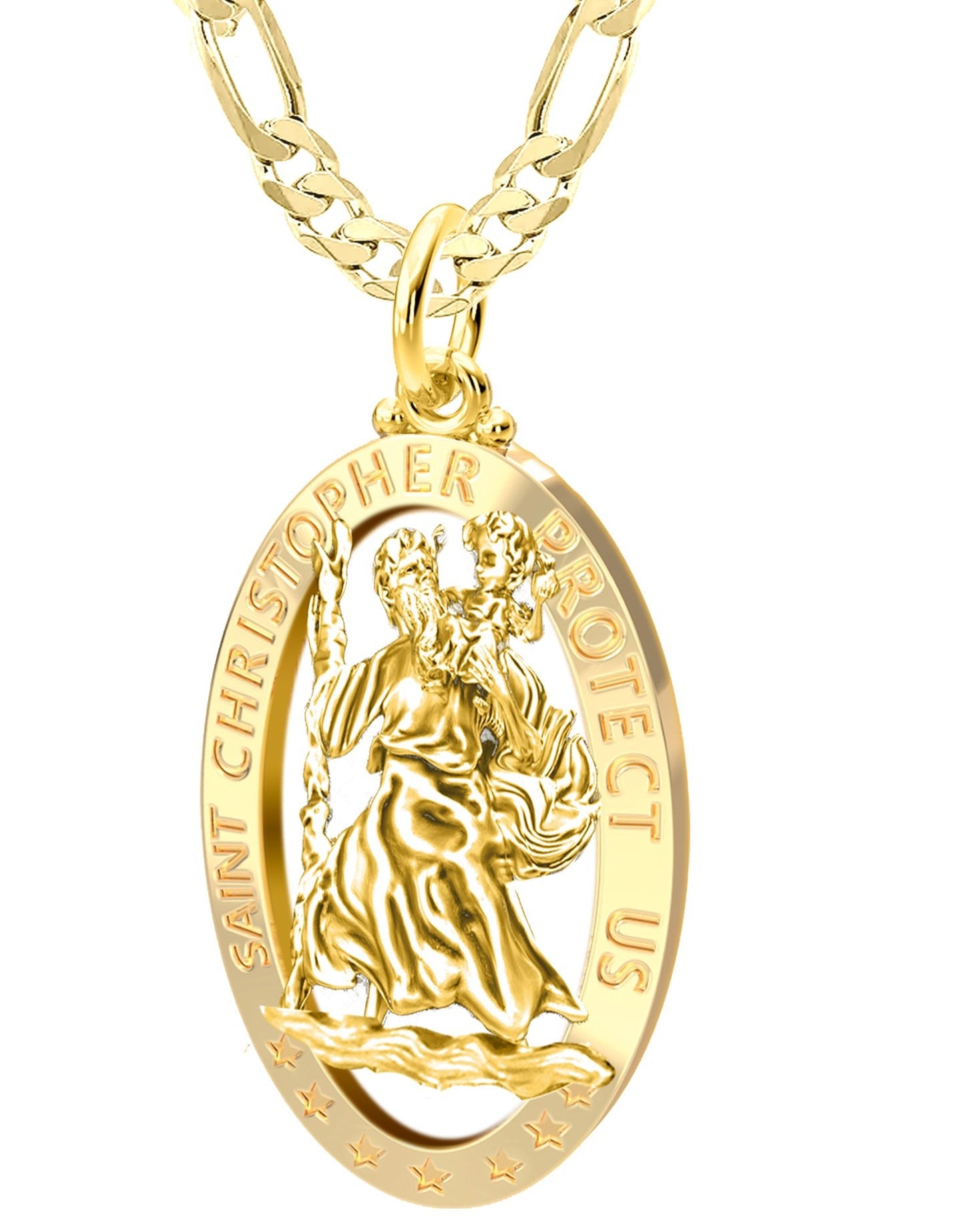 mens 14k yellow gold st christopher oval polished pierced pendant necklace 32mm 350938