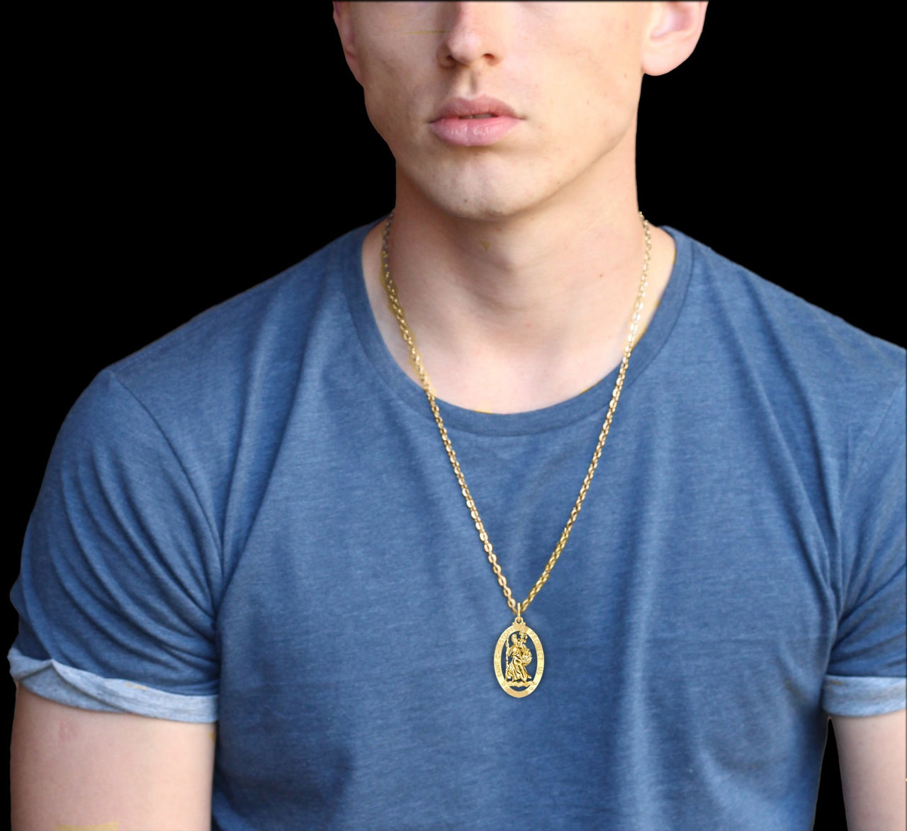 Men's 14k Yellow Gold St Christopher Oval Polished Pierced Pendant Necklace, 32mm - US Jewels