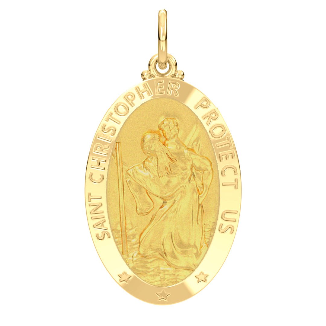 Men's 14k Yellow Gold St Christopher Oval Polished Solid Pendant Necklace, 28mm - US Jewels