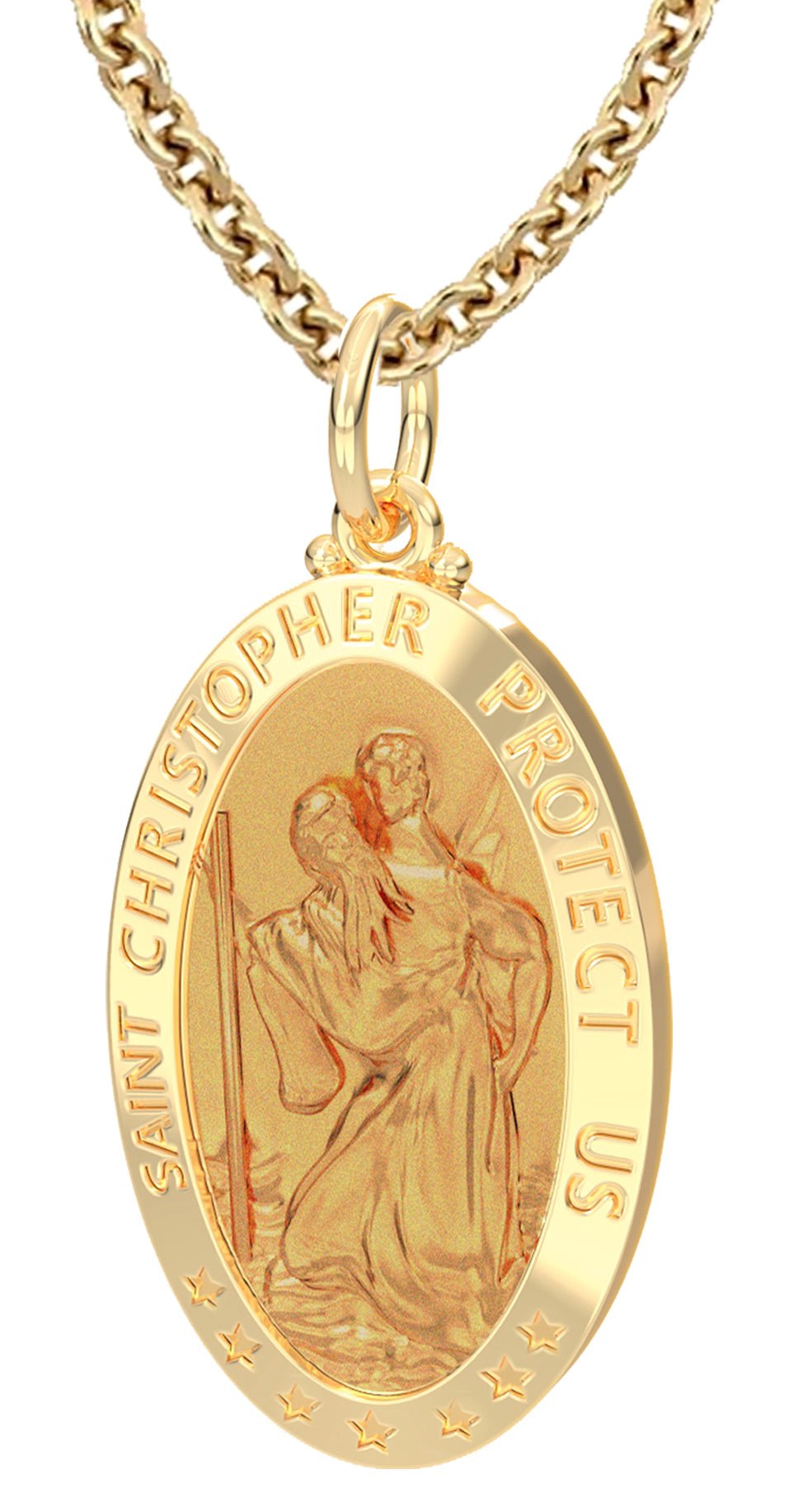 Men's 14k Yellow Gold St Christopher Oval Polished Solid Pendant Necklace,  32mm