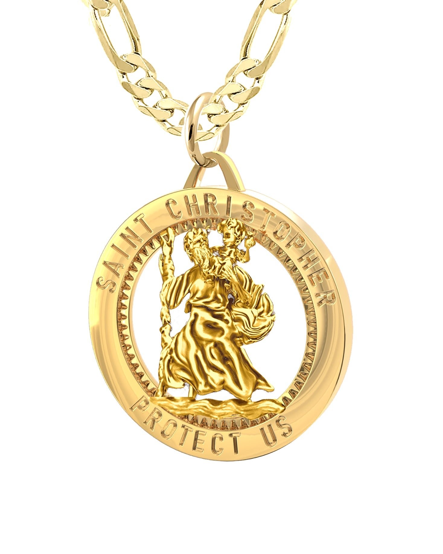 Men's 14k Yellow Gold St Christopher Round Polished Pierced Pendant Necklace, 25mm - US Jewels