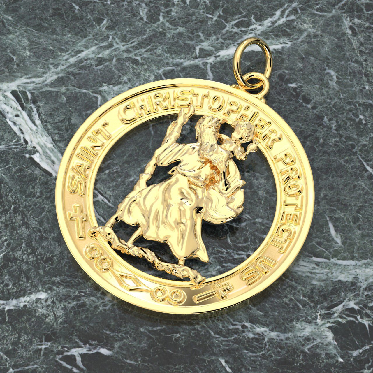 Men's 14k Yellow Gold St Christopher Round Polished Pierced Pendant Necklace, 28mm - US Jewels
