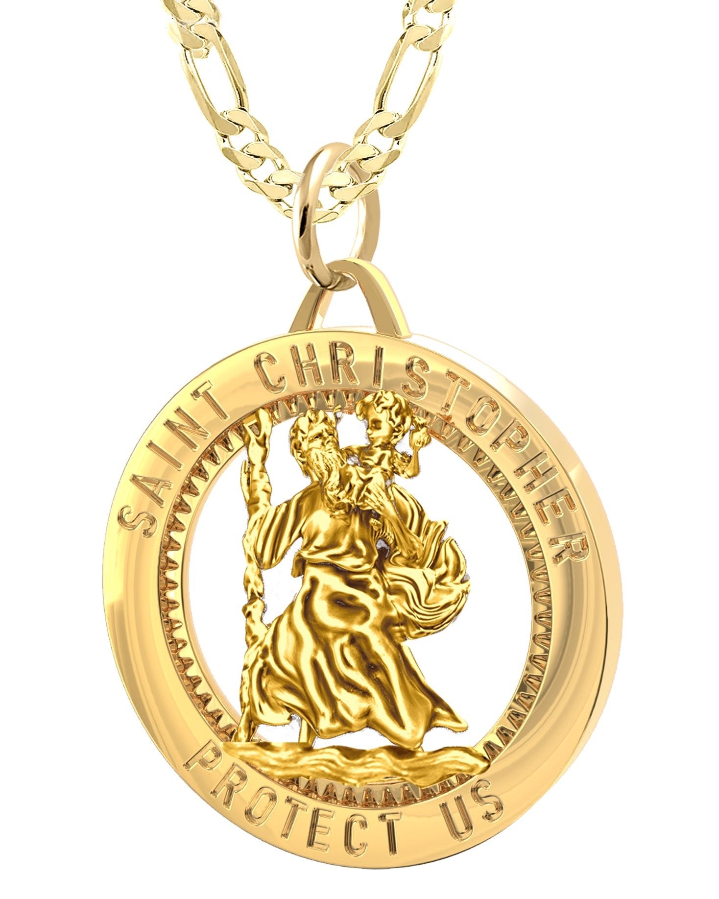 Men's 14k Yellow Gold St Christopher Round Polished Solid Pendant Necklace,  32mm - 22in 3.9mm Figaro Chain