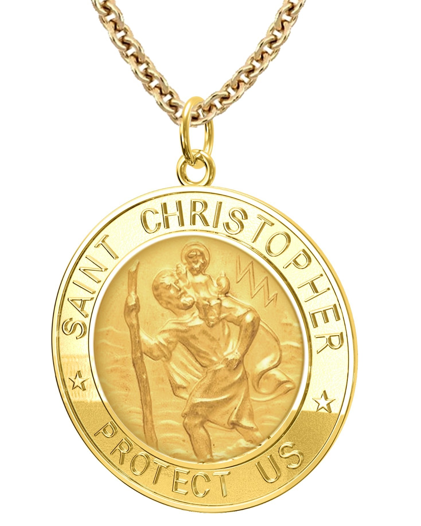 Men's 14k Yellow Gold St Christopher Round Polished Solid Pendant Necklace, 33mm - US Jewels