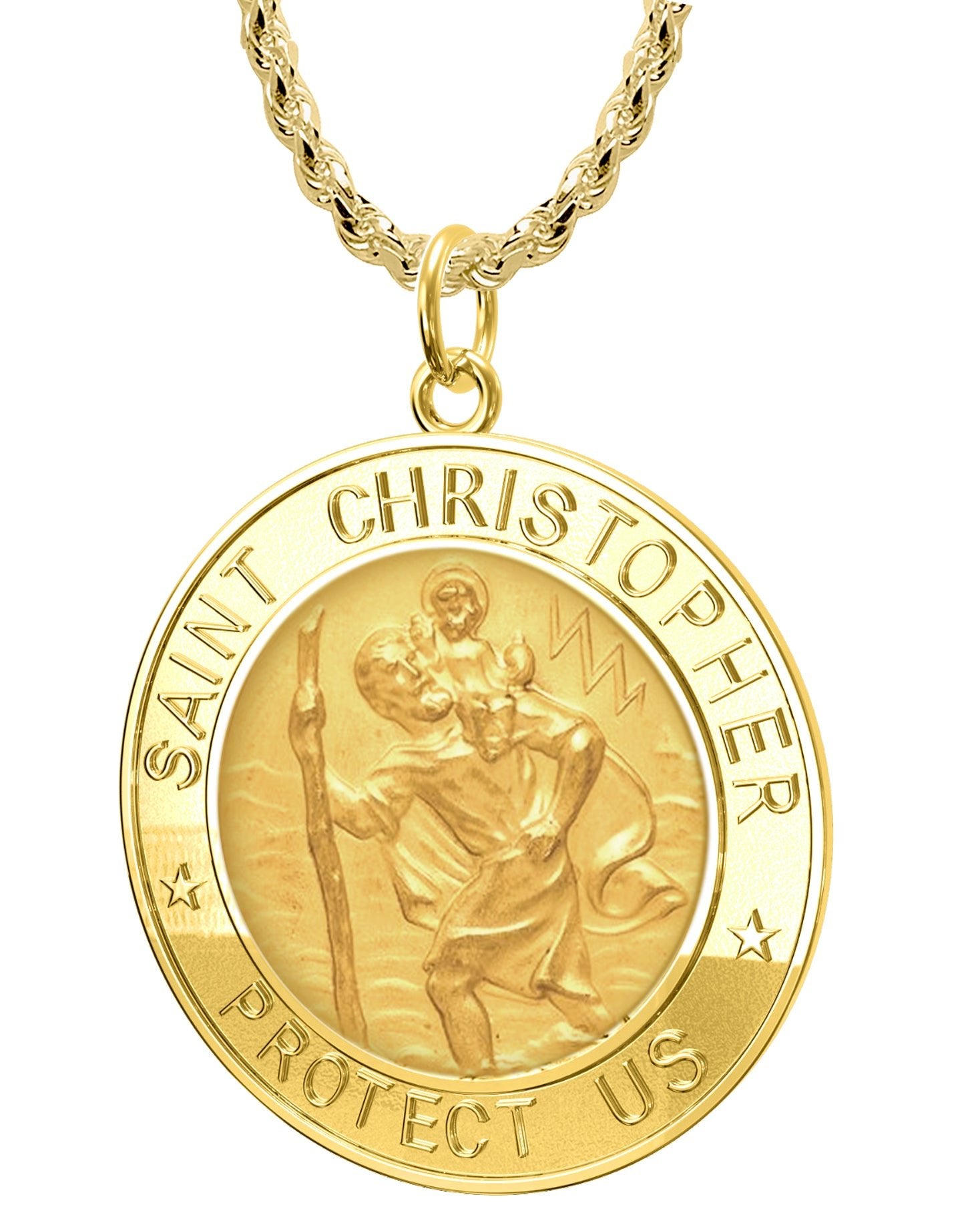 14K Yellow Gold St. Christopher Medal Pendant Necklace Protect Us Charm  with 1.2mm Flat Open Wheat Chain - 16
