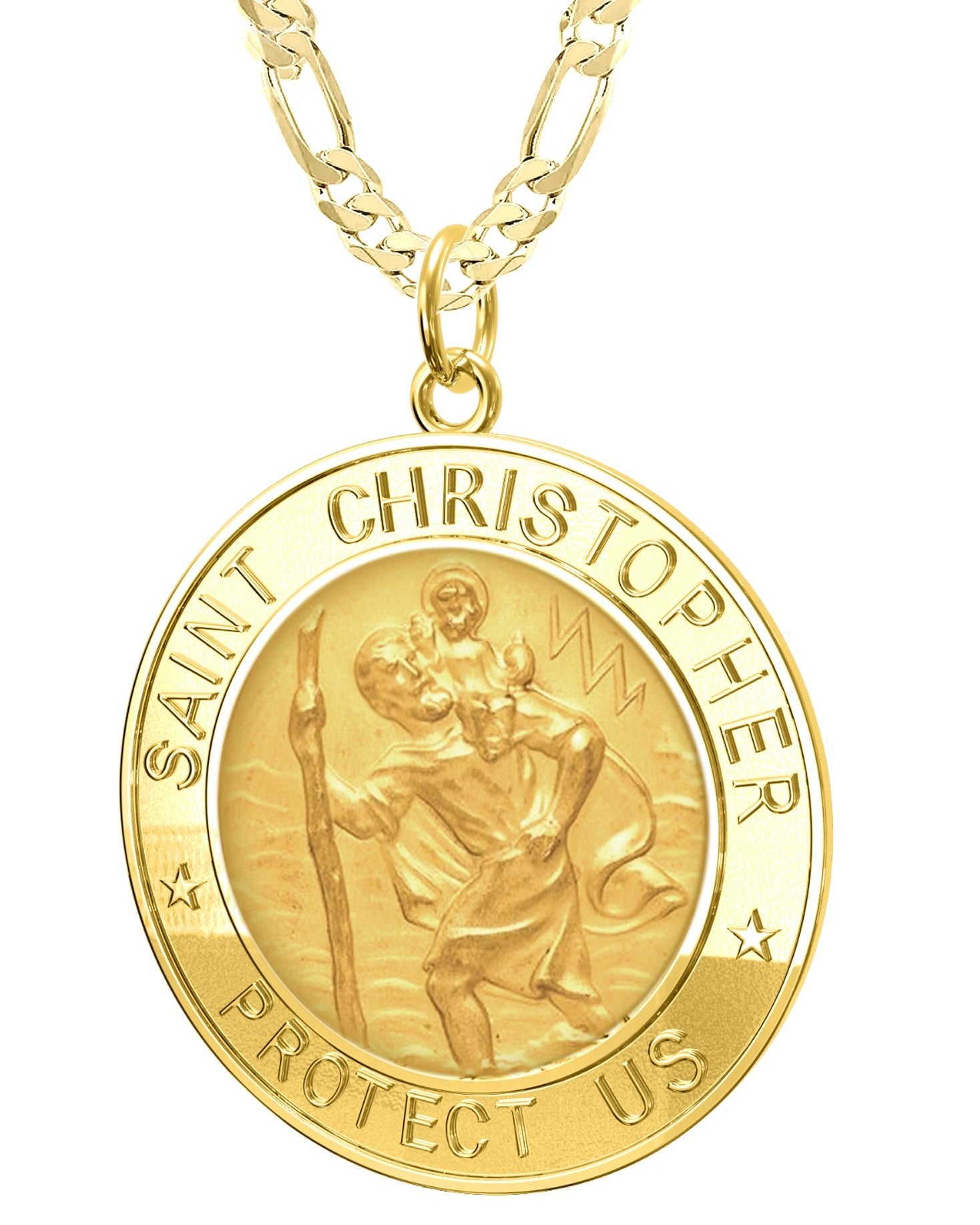 Men's 14k Yellow Gold St Christopher Round Polished Solid Pendant Necklace,  33mm - 22in 3.9mm Figaro Chain