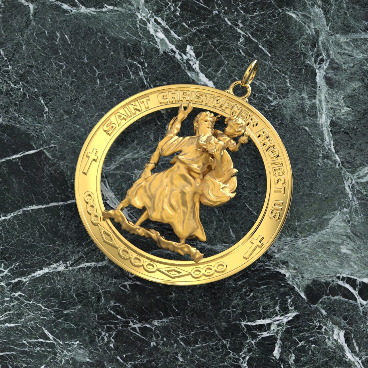St Christopher Necklace - Men's Gold Round Pendant In Brand New