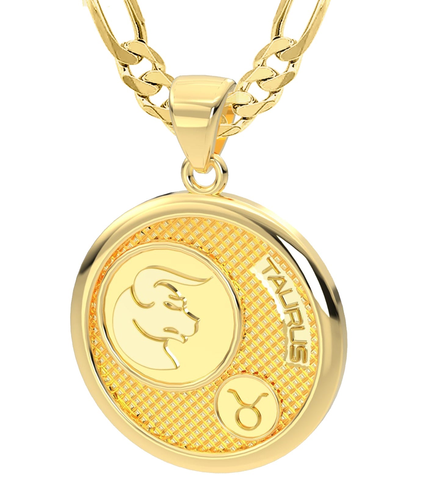 Men's 14k Yellow Gold Taurus the Bull Zodica Pendant Necklace, 33mm - 22in  5.7mm Figaro Chain