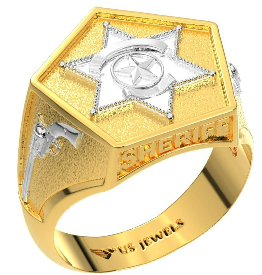 Men's 14K Yellow, White or Two Tone Gold Solid Back Sheriff Ring - US Jewels
