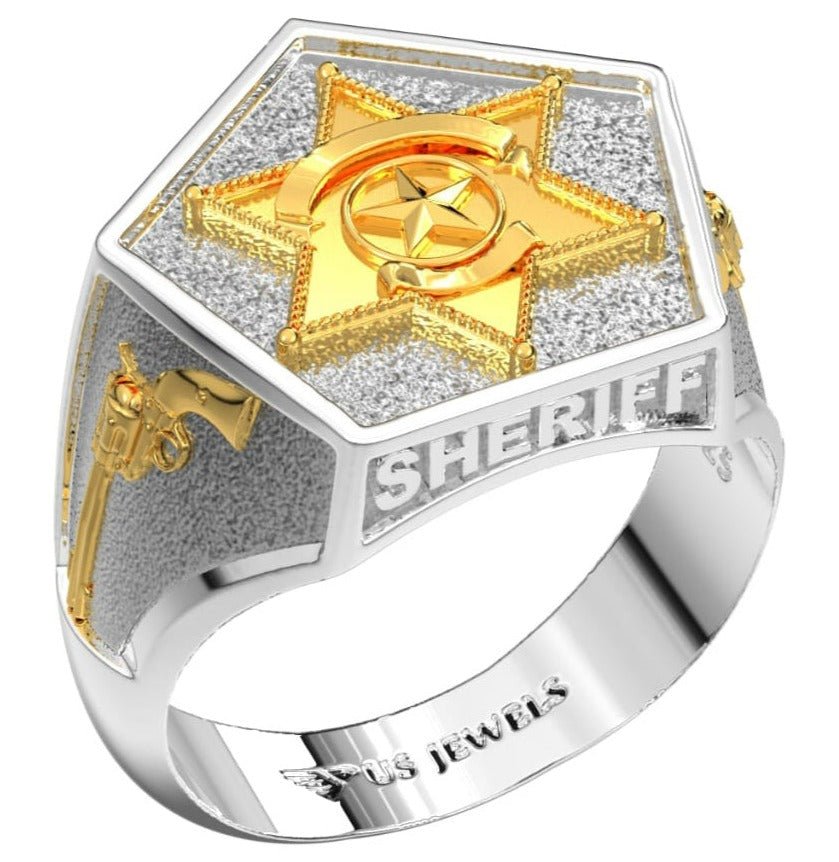 Men's 14K Yellow, White or Two Tone Gold Solid Back Sheriff Ring - 8 /  White with Yellow Gold Emblems