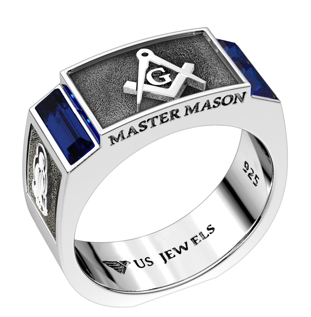 Men's 8mm 925 Sterling Silver Blue Lodge Synthetic Sapphire Masonic Ring Band - US Jewels