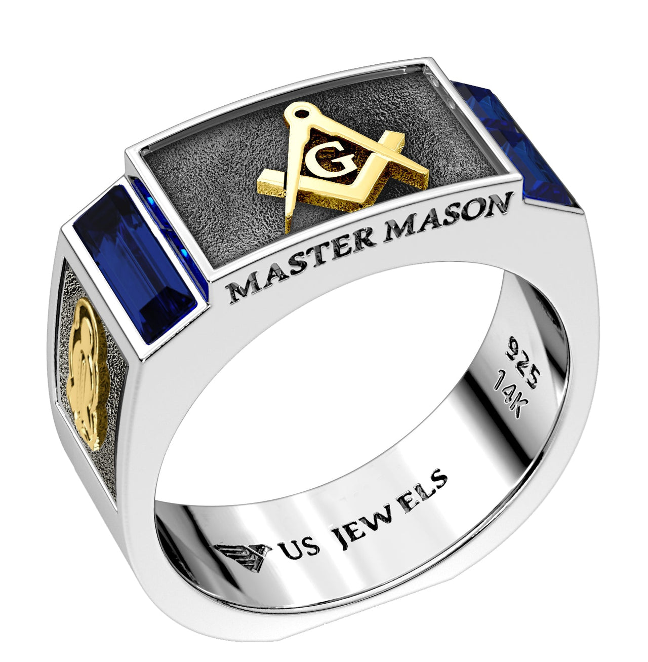 Men's 8mm Two Tone 925 Sterling Silver Blue Lodge Synthetic Sapphire Masonic Ring Band - US Jewels