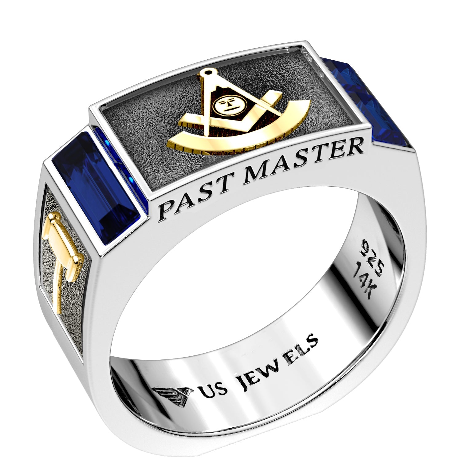 Men's 8mm Two Tone 925 Sterling Silver Past Master Synthetic Sapphire Masonic Ring Band - US Jewels