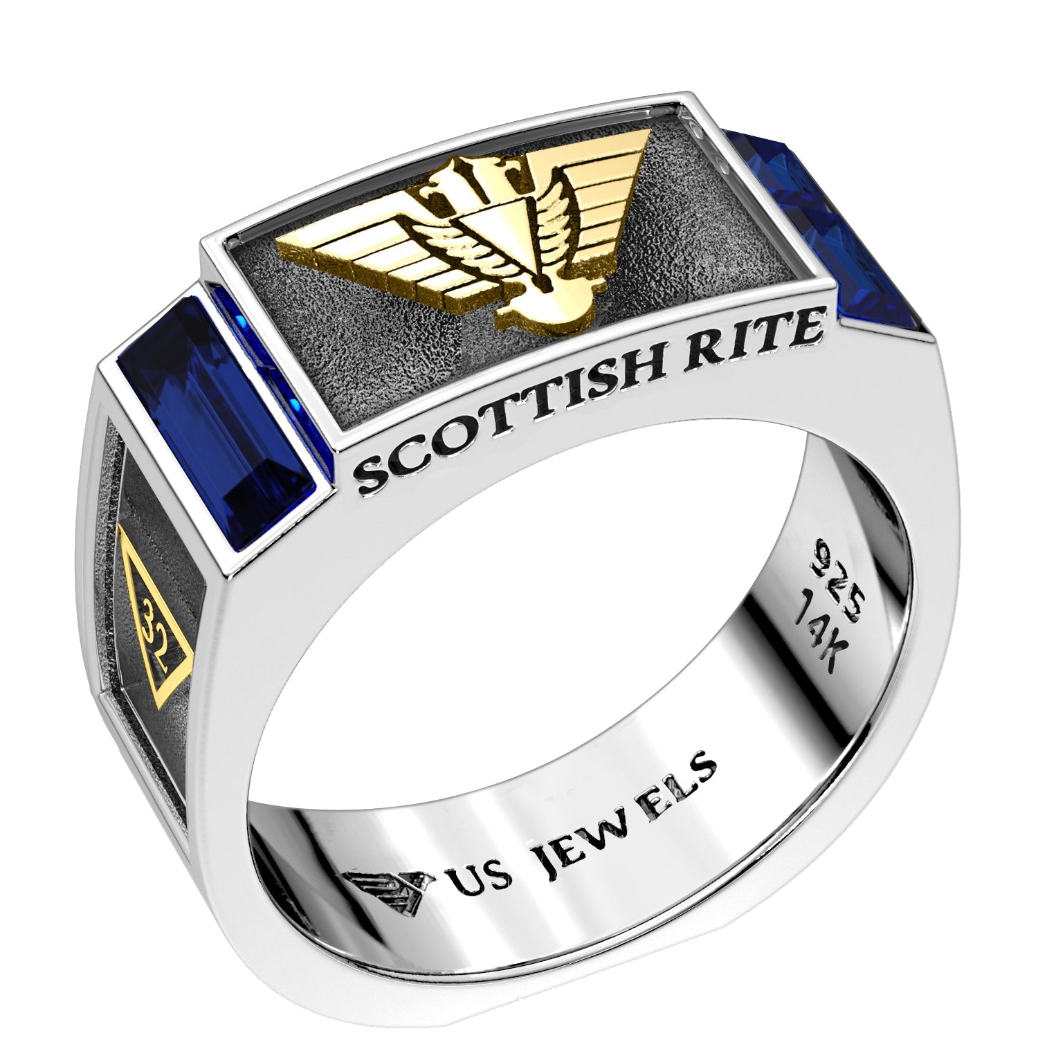Men's 8mm Two Tone 925 Sterling Silver Scottish Rite Synthetic Sapphire Masonic Ring - US Jewels