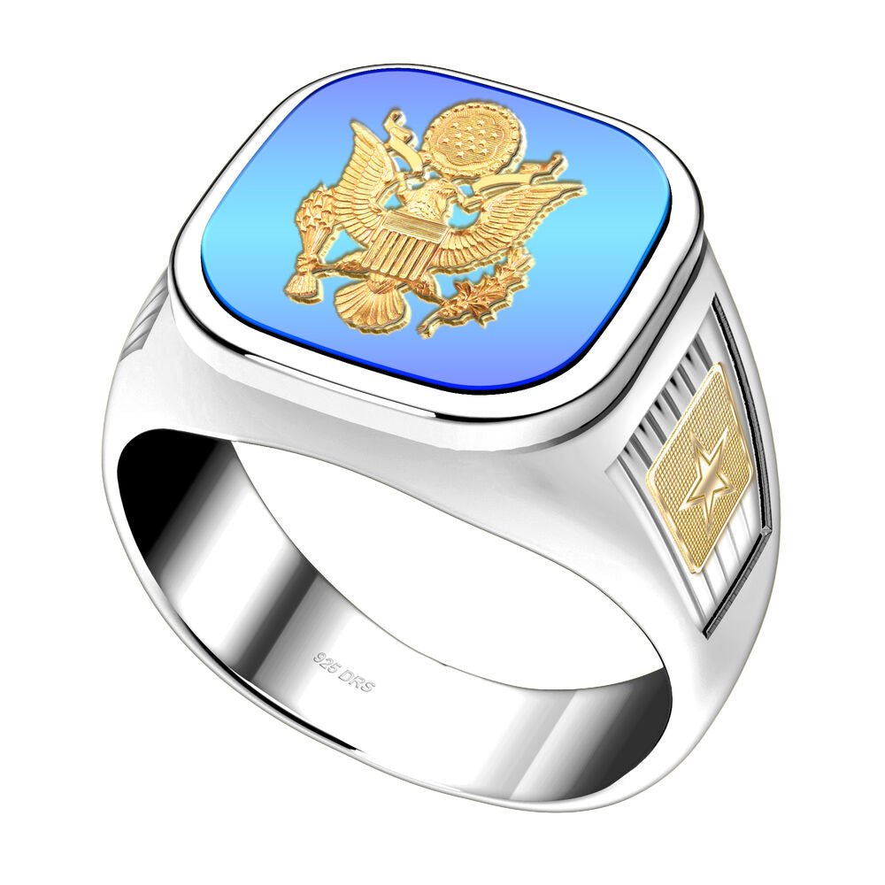 Men's 925 Sterling Silver & 14k US Army Military Ring Band - US Jewels