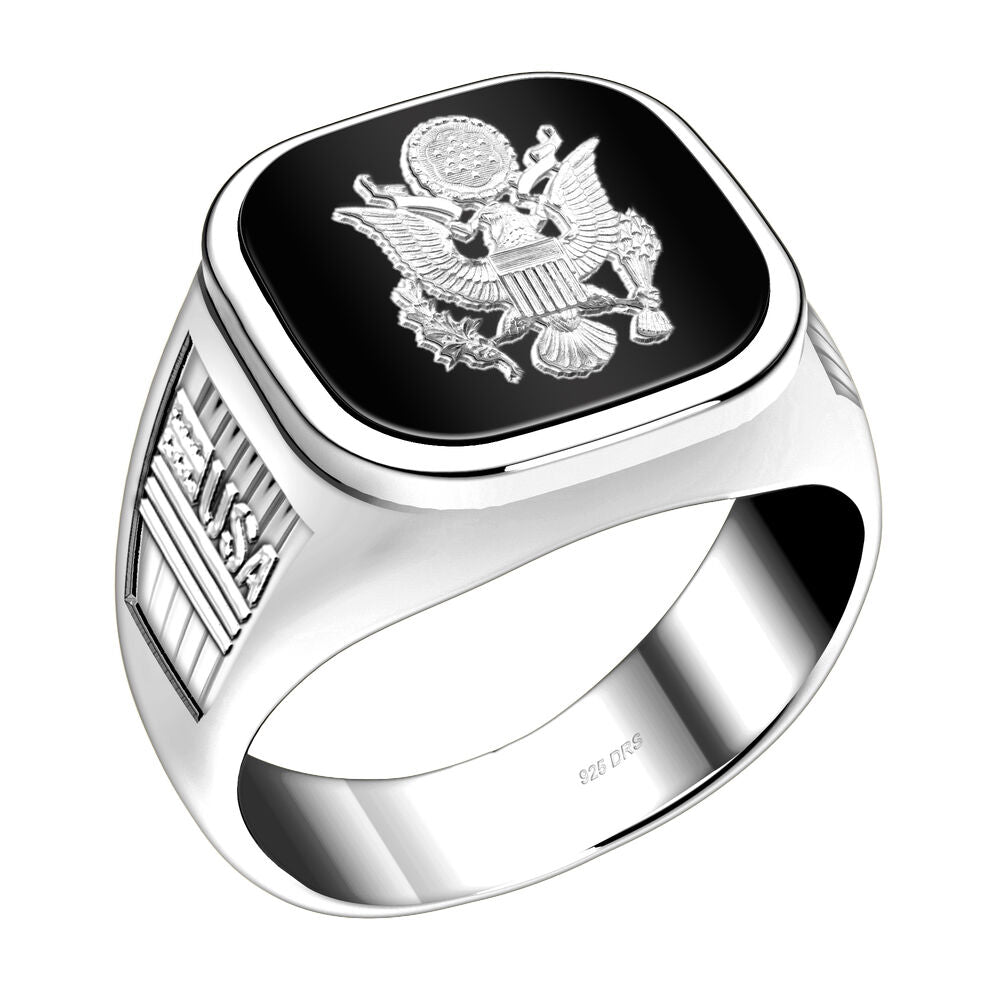 Men's 925 Sterling Silver & 14k US Army Military Ring Band - US Jewels