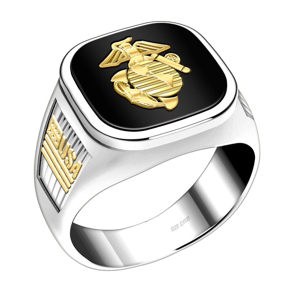 Men's 925 Sterling Silver & 14k US Marine Corps Military Ring Band - US Jewels