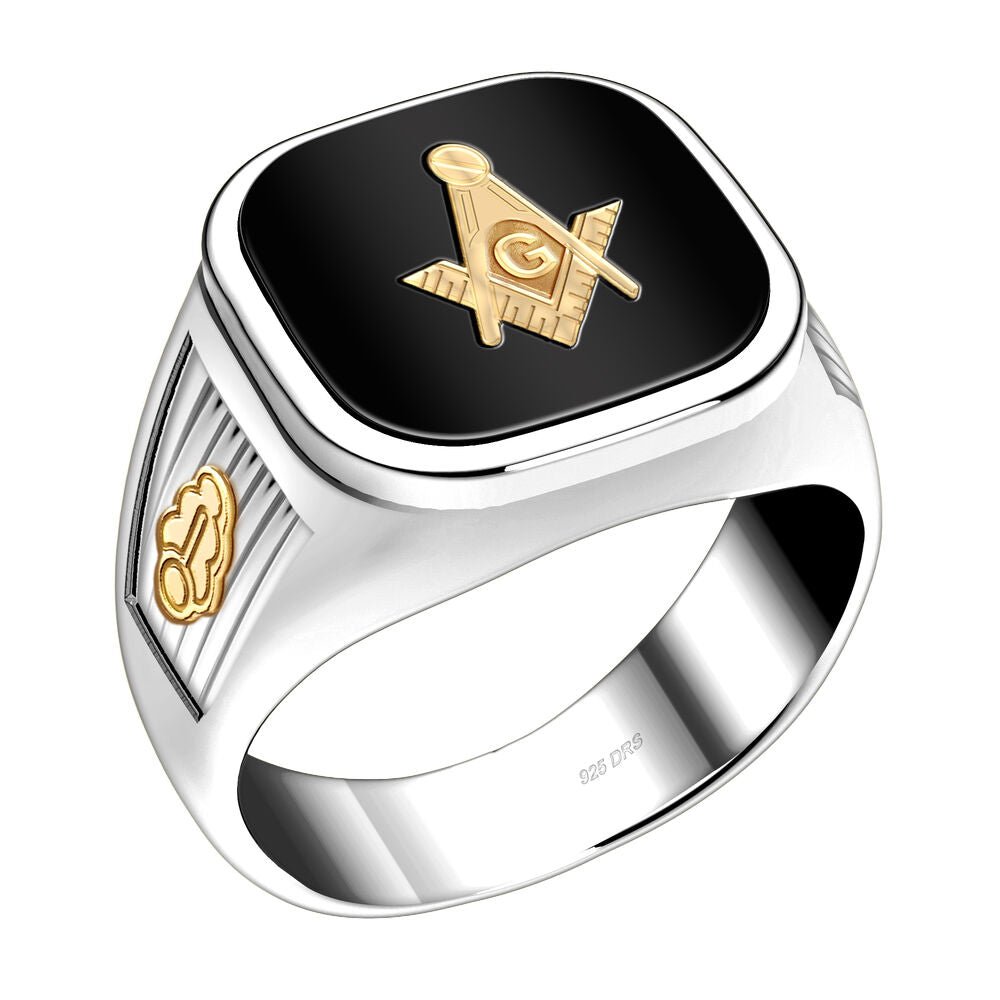 Men's 925 Sterling Silver and 14k Yellow Gold Masonic Ring - US Jewels