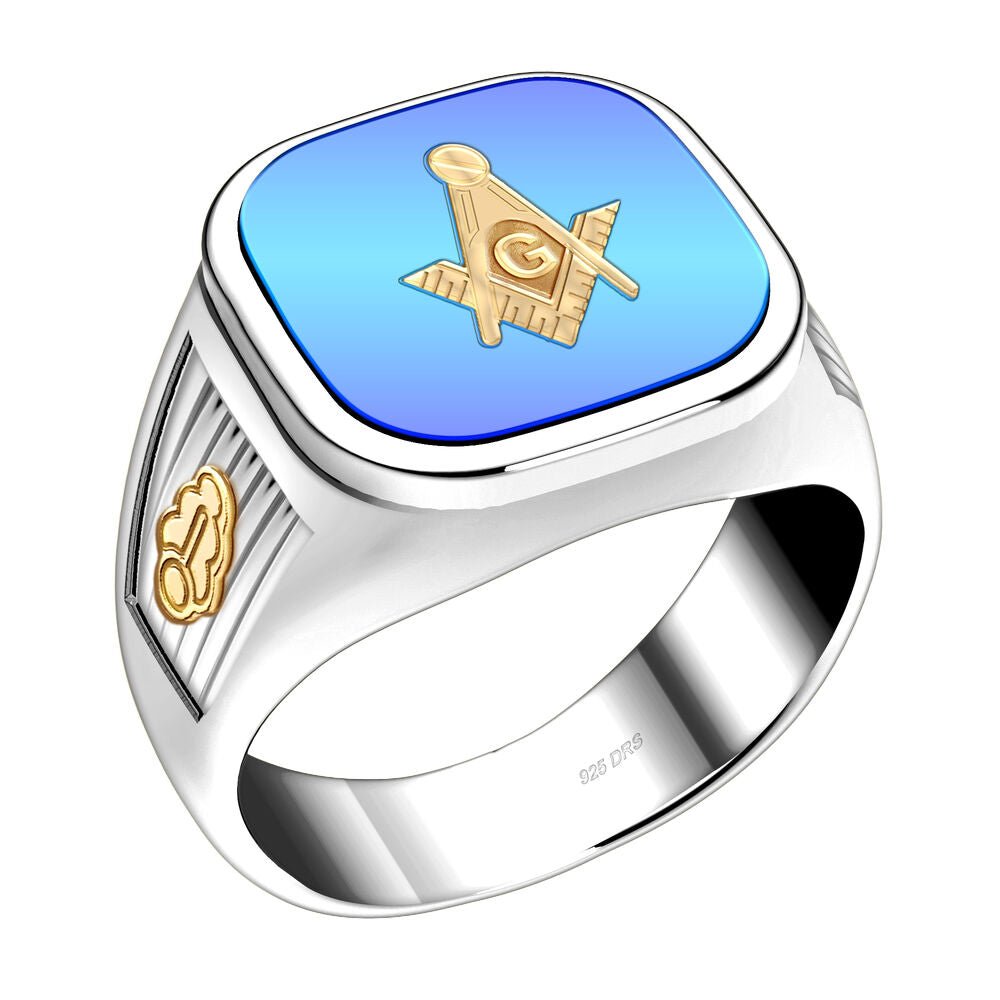 Men's 925 Sterling Silver and 14k Yellow Gold Masonic Ring - US Jewels