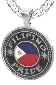 Men's 925 Sterling Silver Filipino Pride Medal Pendant Necklace with Flag, 33mm - US Jewels