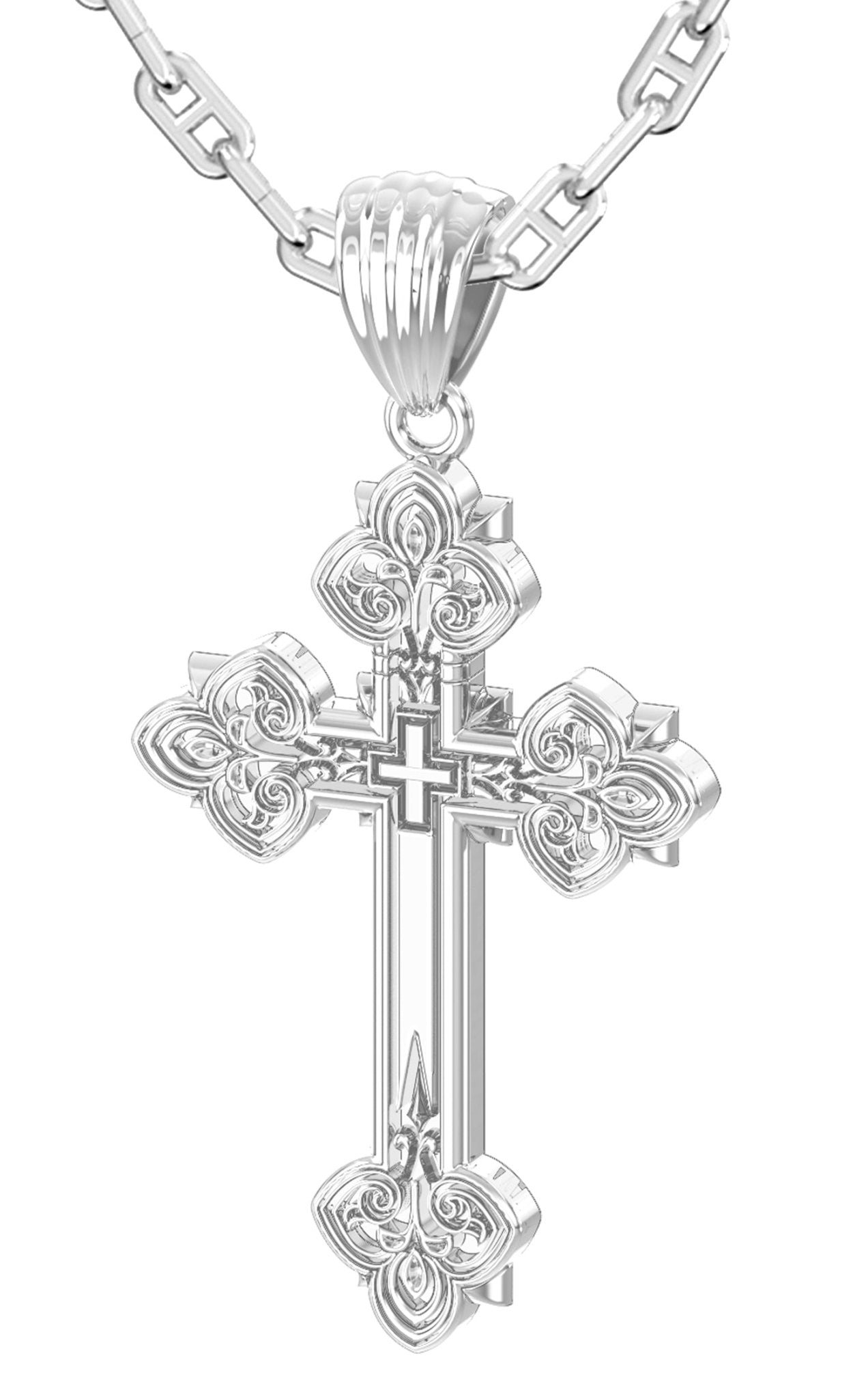 Cross Necklace Men's 925 Sterling Silver Fleur-De-Lis Cross Pendant