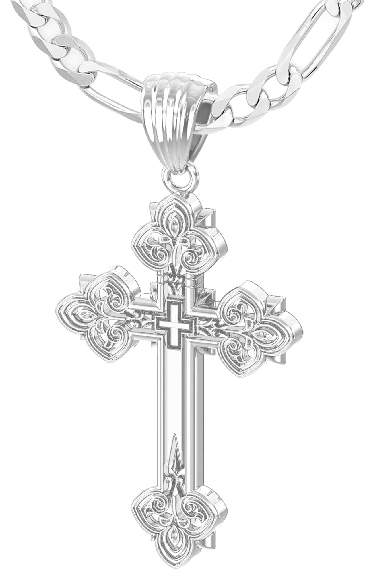 Men's 925 Sterling Silver High Polished Fleur-De-Lis Cross Pendant Necklace, 37mm - US Jewels