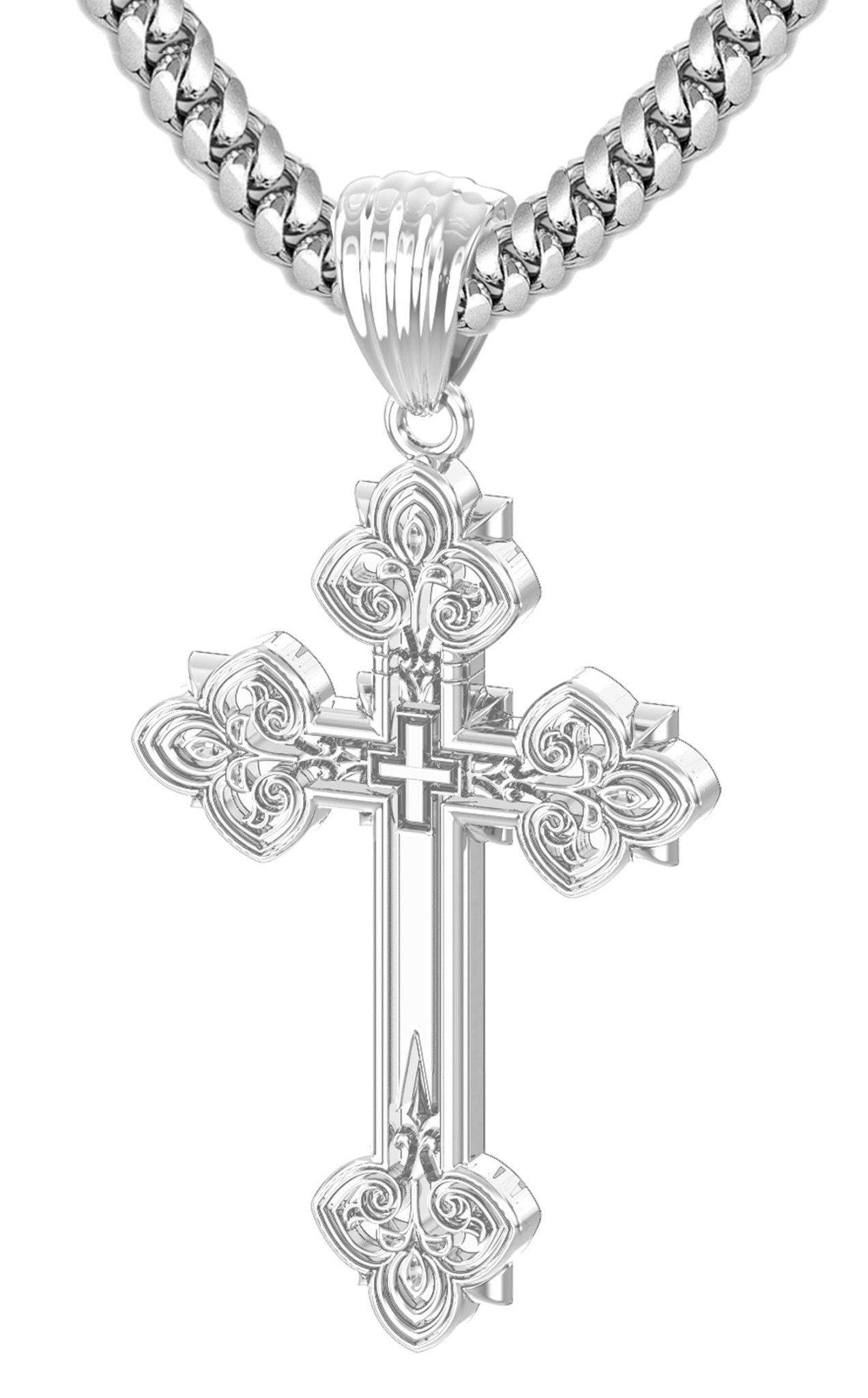 Men's 925 Sterling Silver High Polished Fleur-De-Lis Cross Pendant Necklace, 37mm - US Jewels