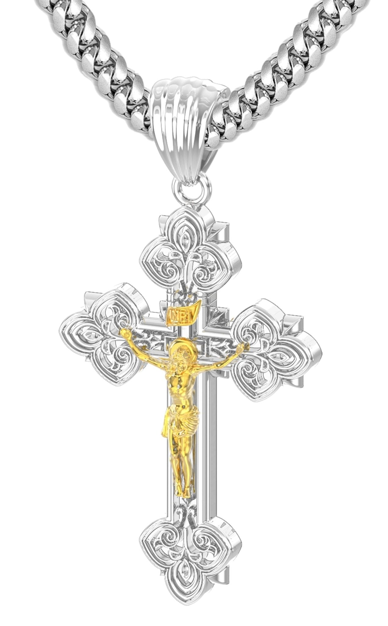 Men's 925 Sterling Silver High Polished Fleur-De-Lis Crucifix Cross Pendant  Necklace, 37mm - 22in, 4.1mm Miami Cuban Chain