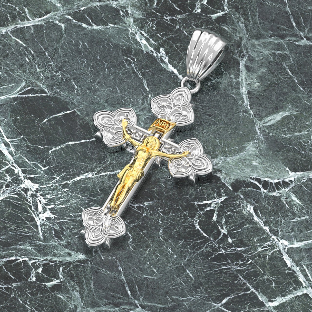 Crucifix Cross Necklace - Men's 925 Sterling Silver Fleur-De-Lis