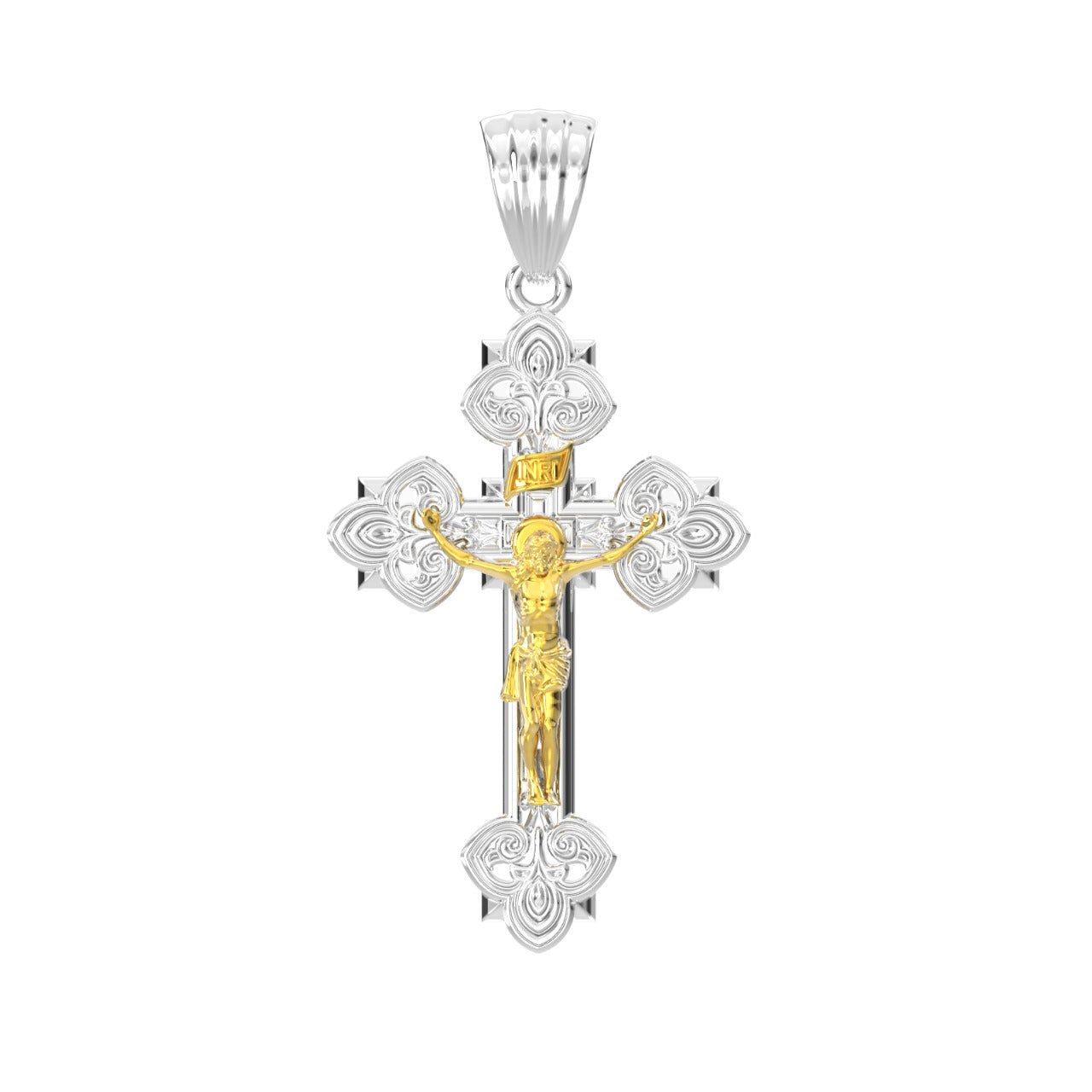 Crucifix Cross Necklace - Men's 925 Sterling Silver Fleur-De-Lis