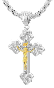 Men's 925 Sterling Silver High Polished Fleur-De-Lis Crucifix Cross Pendant Necklace, 37mm - US Jewels