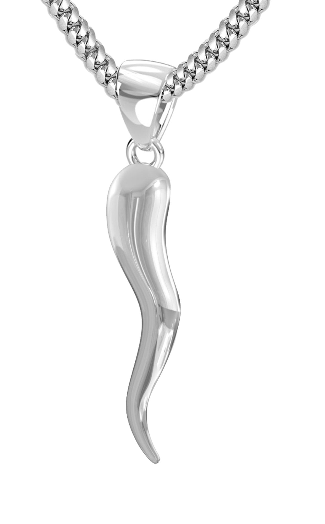 Men's 925 Sterling Silver Italian Horn Cornicello Amulet Pendant Necklace,  28mm