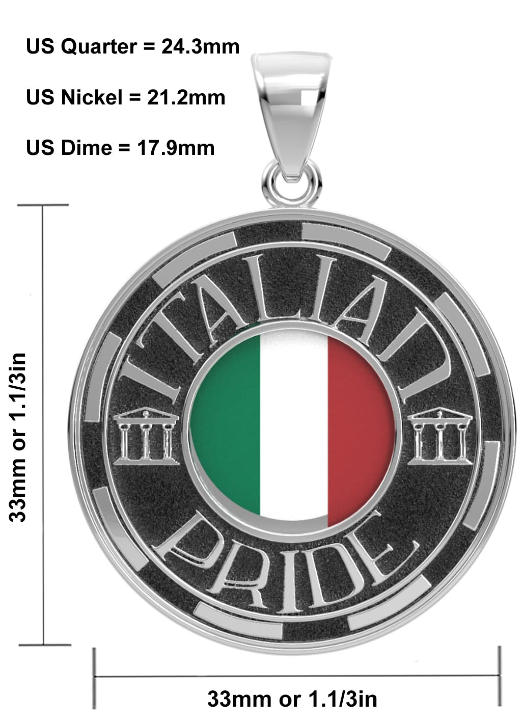 Men's 925 Sterling Silver Italian Pride Medal Pendant Necklace with Flag, 33mm - US Jewels