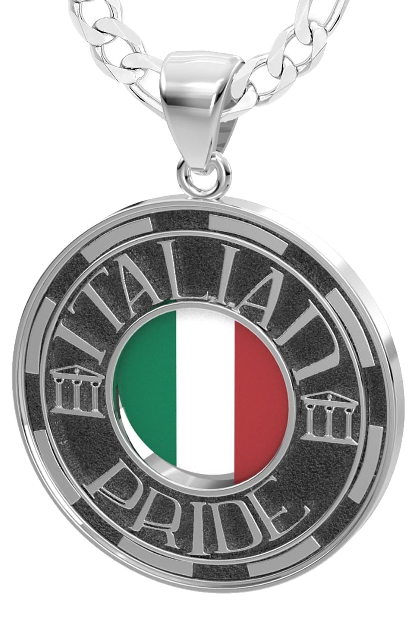 Men's 925 Sterling Silver Italian Pride Medal Pendant Necklace with Flag, 33mm - US Jewels
