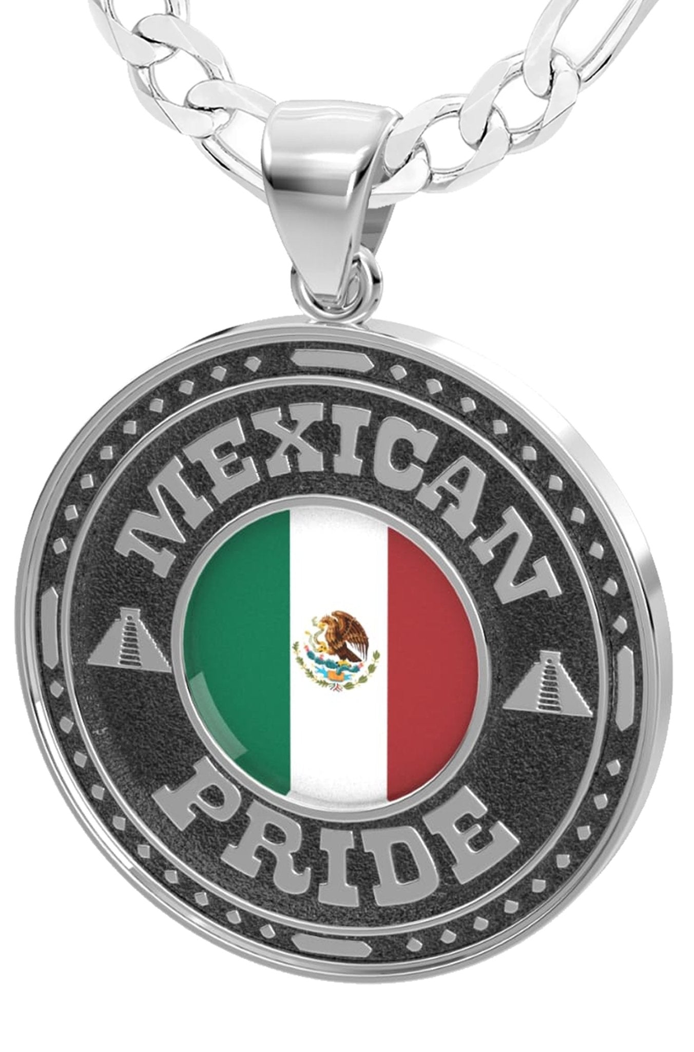 Men's 925 Sterling Silver Mexican Pride Medal Pendant Necklace with Flag, 33mm - US Jewels