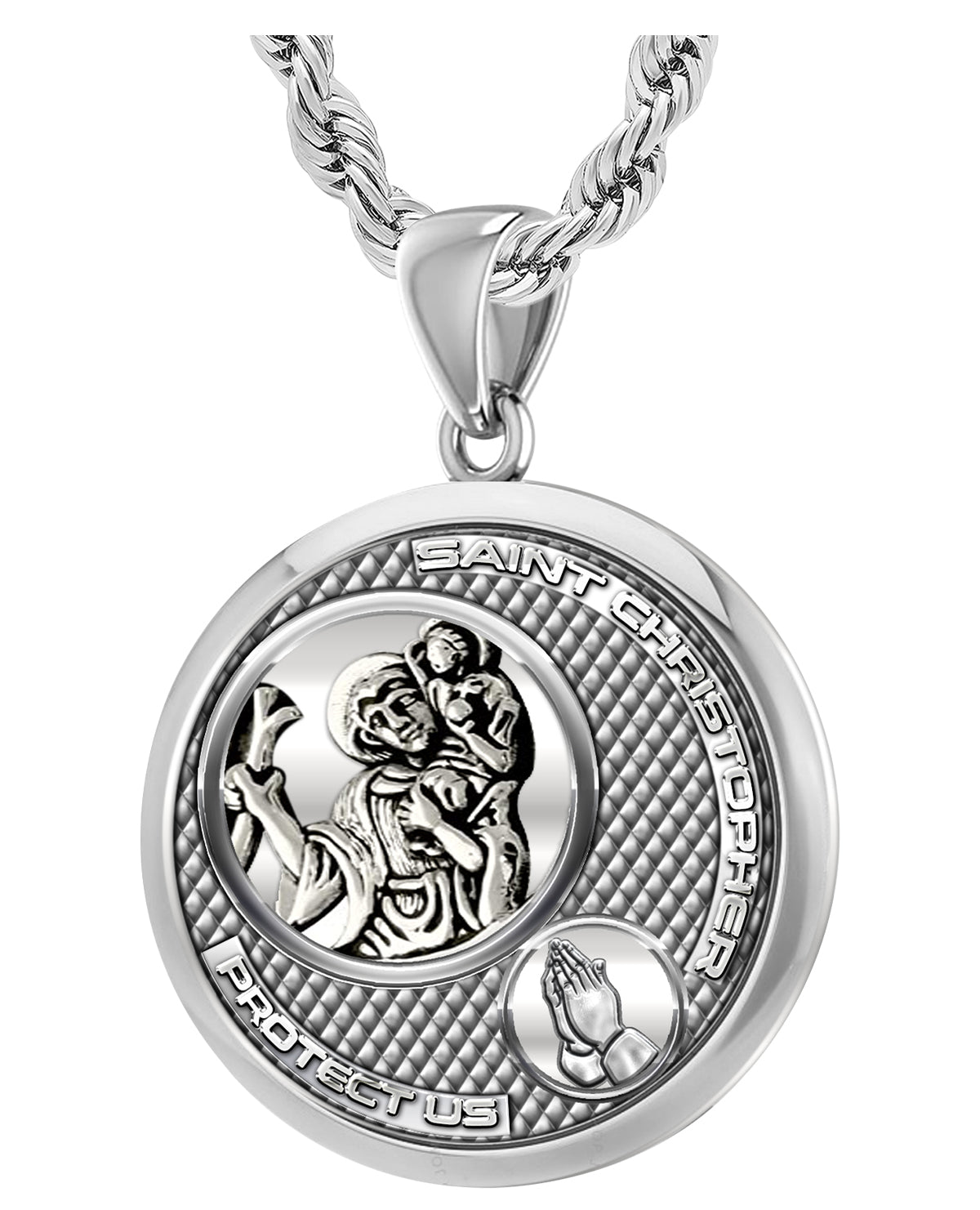 Men's 925 Sterling Silver Round Saint Christopher Round Polished Finish Pendant Necklace, 33mm - US Jewels