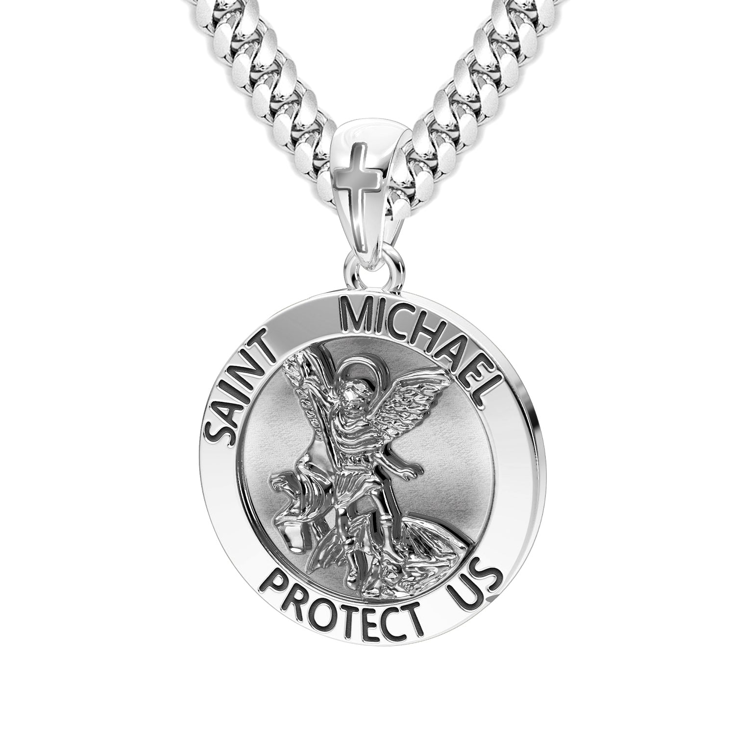 Men's 925 Sterling Silver Round Saint Michael Antique Finish Medal Pendant, 25mm - US Jewels