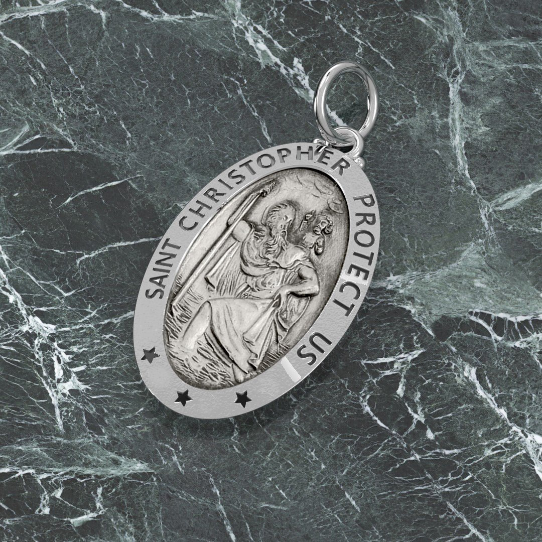Men's 925 Sterling Silver Saint Christopher Oval Antique Pendant Necklace, 28mm - US Jewels