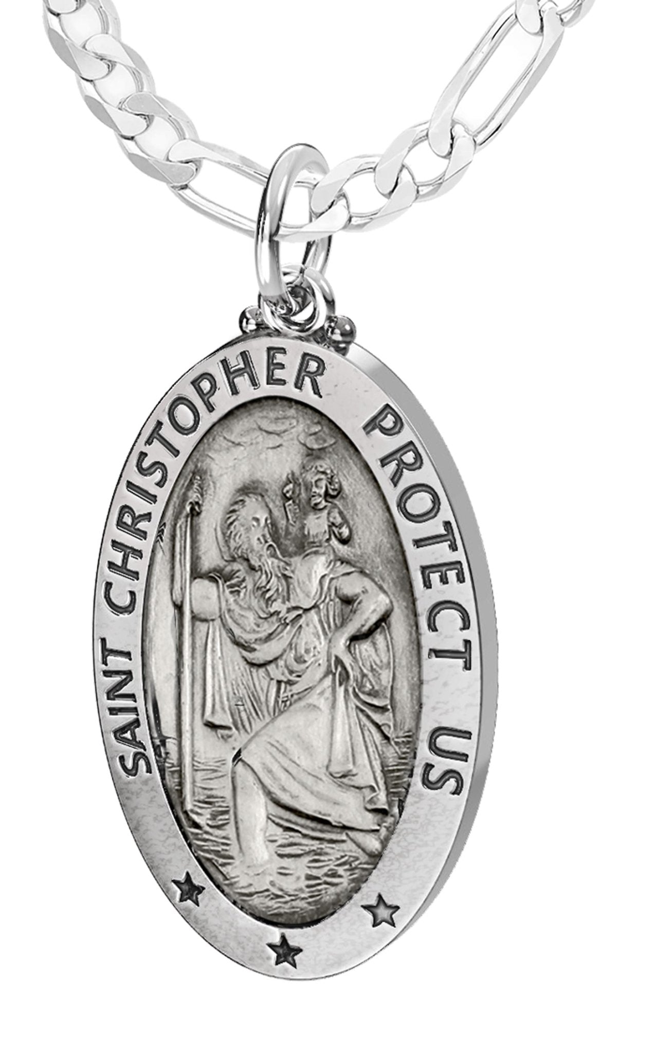 Men's 925 Sterling Silver Saint Christopher Oval Antique Pendant Necklace, 28mm - US Jewels