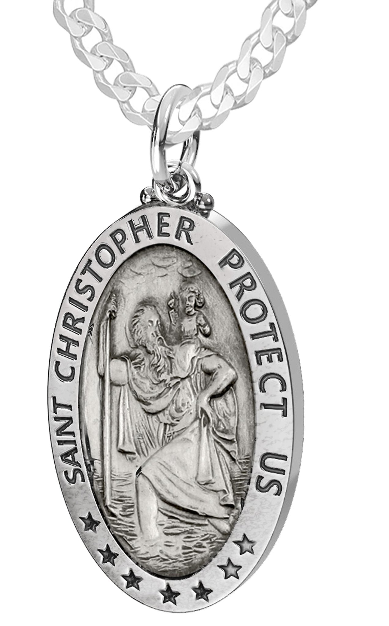 Men's 925 Sterling Silver Saint Christopher Oval Antique Pendant Necklace, 32mm - US Jewels