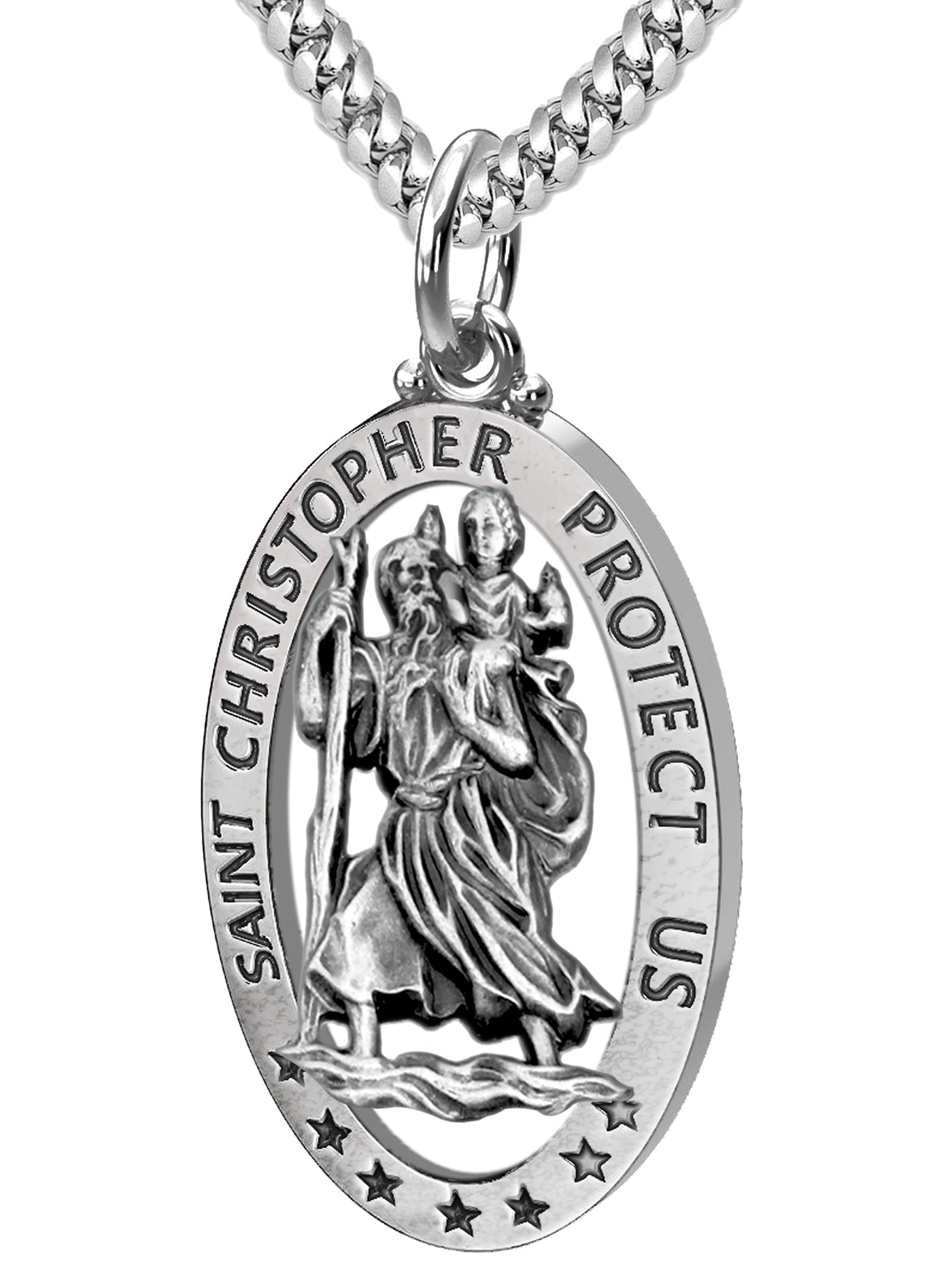 Men's 925 Sterling Silver Saint Christopher Oval Antique Pierced Pendant Necklace, 32mm - US Jewels